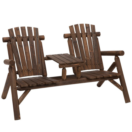 Outsunny Wood Patio Chair Bench 2 Seats Jack and Jill Seat w/ Center Coffee Table, Garden Bench 