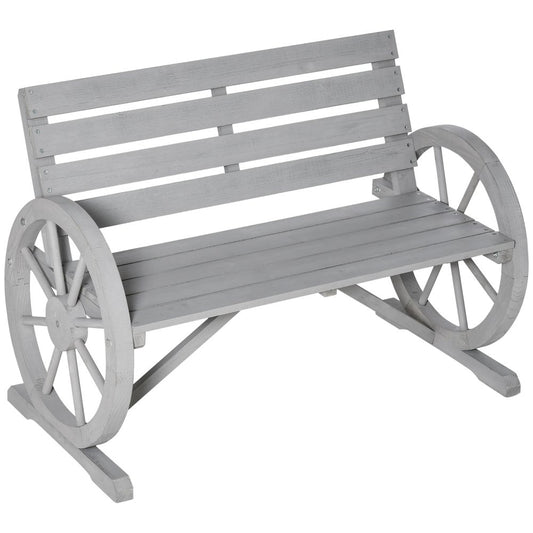 Outsunny Wooden Cart Wagon Wheel 2 Seater Garden Bench Outdoor Garden Armrest Chair Rustic High Back Loveseat Grey 