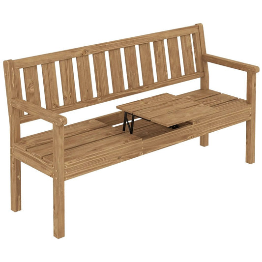 Outsunny Wooden Garden Bench with Liftable Table & Shelf, 2-3-Seater Outdoor Loveseat with Fir Wood Frame, Teak 