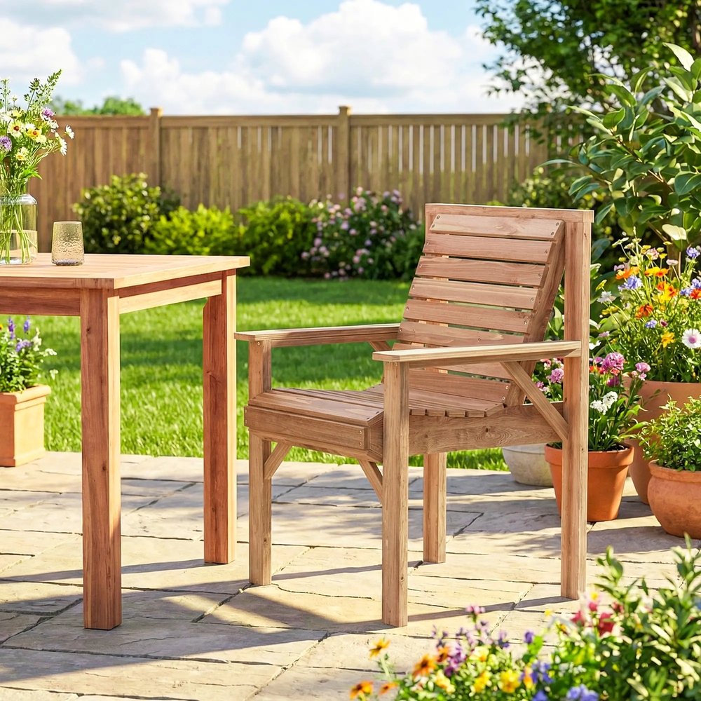 Outsunny Wooden Garden Dining Chair, Outdoor Chair Garden Armchair with Curved Seat and Wide Armrests 12