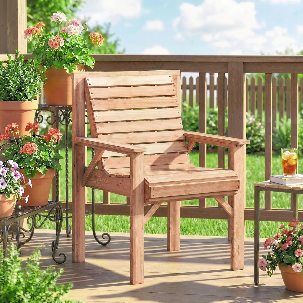 Outsunny Wooden Garden Dining Chair, Outdoor Chair Garden Armchair with Curved Seat and Wide Armrests 18