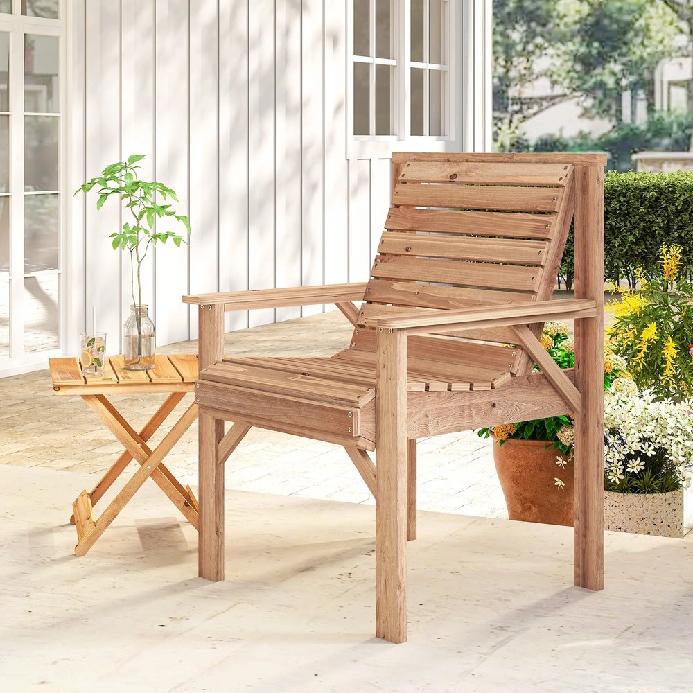 Outsunny Wooden Garden Dining Chair, Outdoor Chair Garden Armchair with Curved Seat and Wide Armrests 19