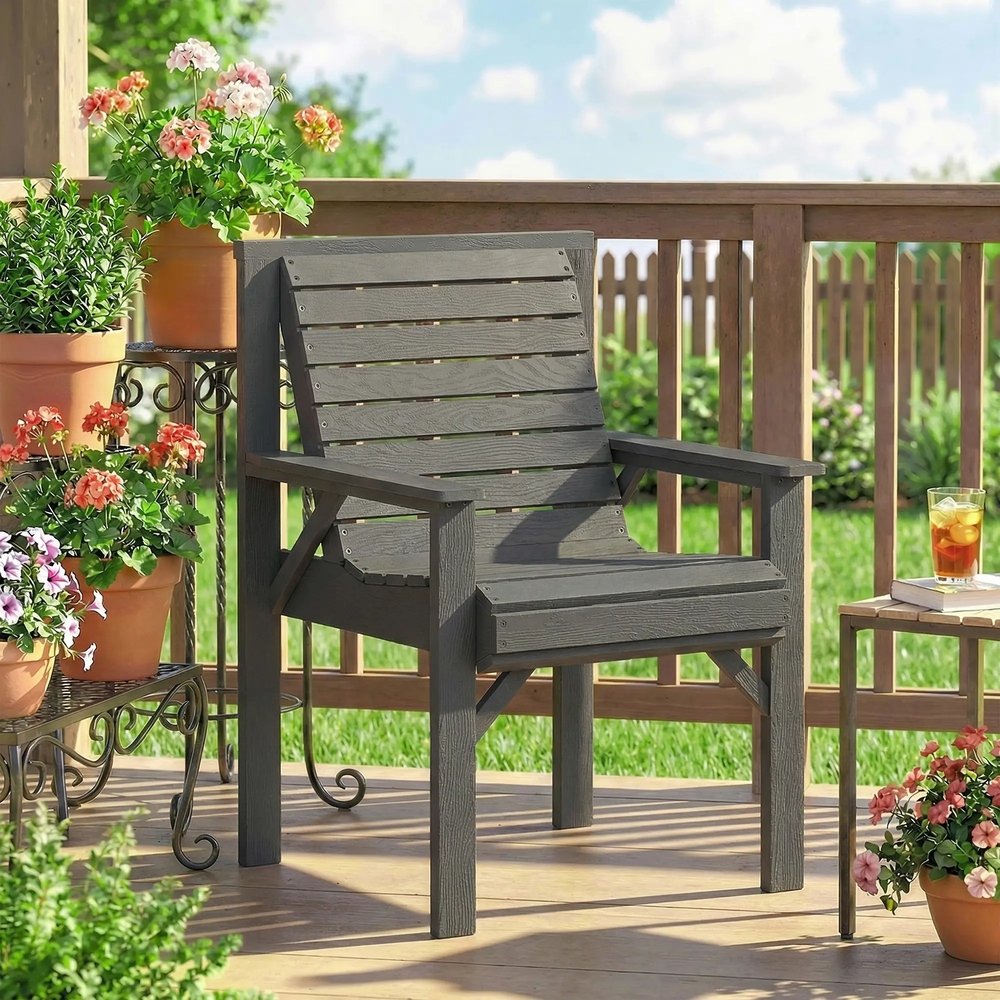 Outsunny Wooden Garden Dining Chair, Outdoor Chair Garden Armchair with Curved Seat and Wide Armrests 7