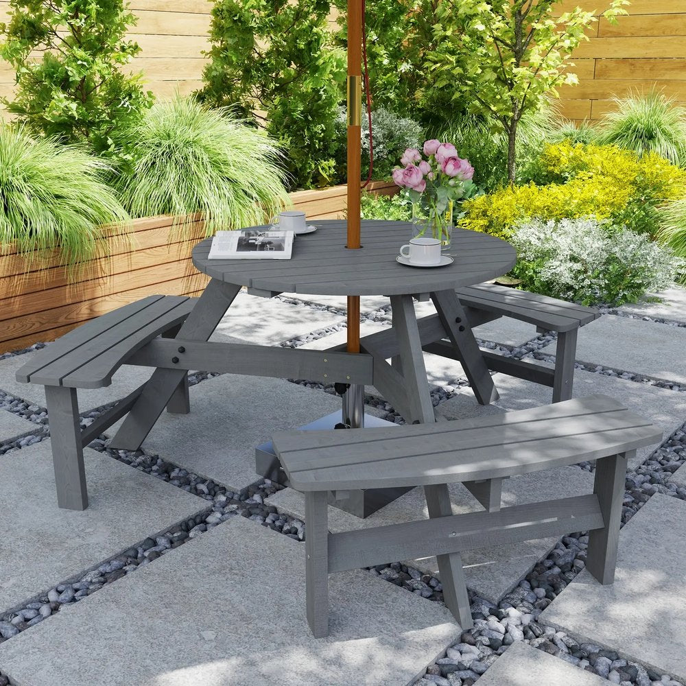 Outsunny Wooden Garden Dining Set, 6 Seater Round Dining Picnic Table with Matching Bench, Garden Furniture Set with Parasol Hole for Outdoor Patio Party and Family Gatherings, Grey 1