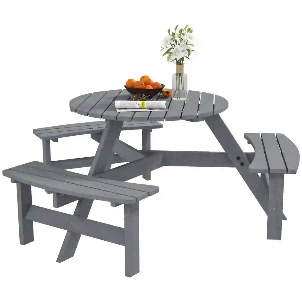 Outsunny Wooden Garden Dining Set, 6 Seater Round Dining Picnic Table with Matching Bench, Garden Furniture Set with Parasol Hole for Outdoor Patio Party and Family Gatherings, Grey 10