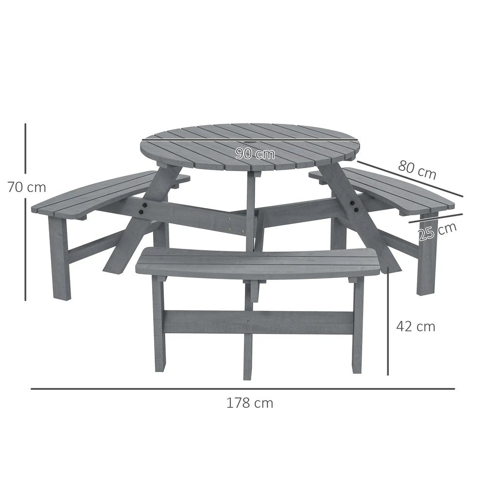 Outsunny Wooden Garden Dining Set, 6 Seater Round Dining Picnic Table with Matching Bench, Garden Furniture Set with Parasol Hole for Outdoor Patio Party and Family Gatherings, Grey 2