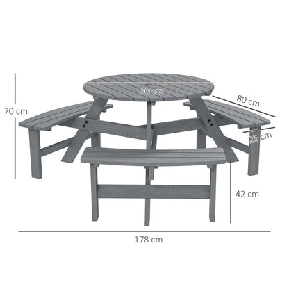Outsunny Wooden Garden Dining Set, 6 Seater Round Dining Picnic Table with Matching Bench, Garden Furniture Set with Parasol Hole for Outdoor Patio Party and Family Gatherings, Grey 2