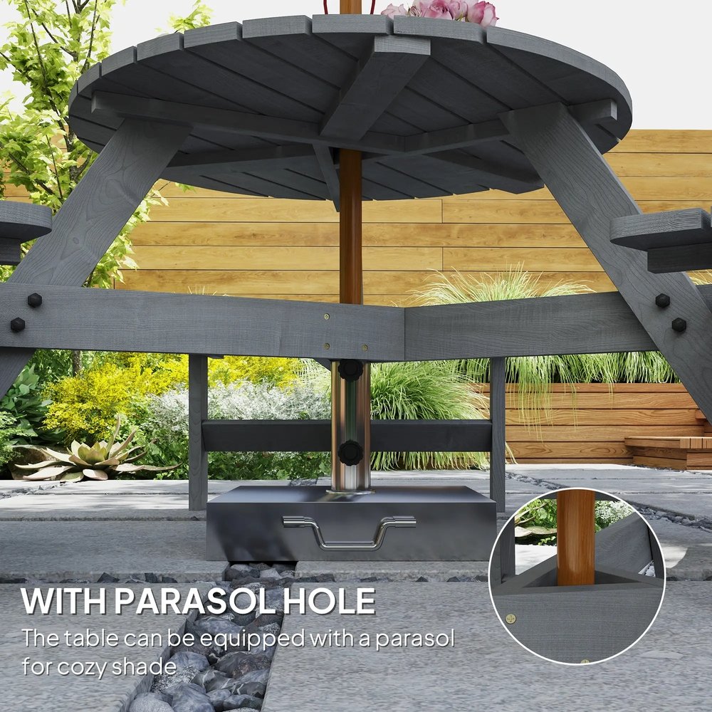 Outsunny Wooden Garden Dining Set, 6 Seater Round Dining Picnic Table with Matching Bench, Garden Furniture Set with Parasol Hole for Outdoor Patio Party and Family Gatherings, Grey 3