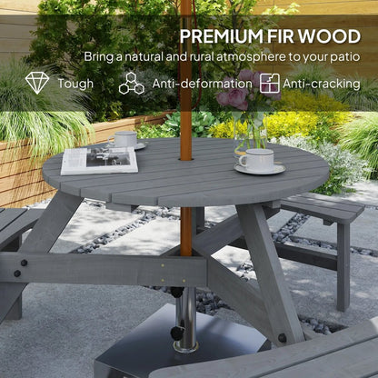 Outsunny Wooden Garden Dining Set, 6 Seater Round Dining Picnic Table with Matching Bench, Garden Furniture Set with Parasol Hole for Outdoor Patio Party and Family Gatherings, Grey 4
