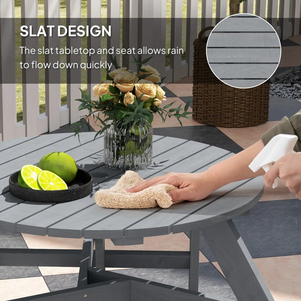Outsunny Wooden Garden Dining Set, 6 Seater Round Dining Picnic Table with Matching Bench, Garden Furniture Set with Parasol Hole for Outdoor Patio Party and Family Gatherings, Grey 5