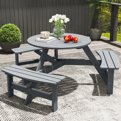Outsunny Wooden Garden Dining Set, 6 Seater Round Dining Picnic Table with Matching Bench, Garden Furniture Set with Parasol Hole for Outdoor Patio Party and Family Gatherings, Grey 7
