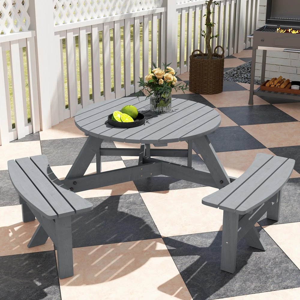 Outsunny Wooden Garden Dining Set, 6 Seater Round Dining Picnic Table with Matching Bench, Garden Furniture Set with Parasol Hole for Outdoor Patio Party and Family Gatherings, Grey 8