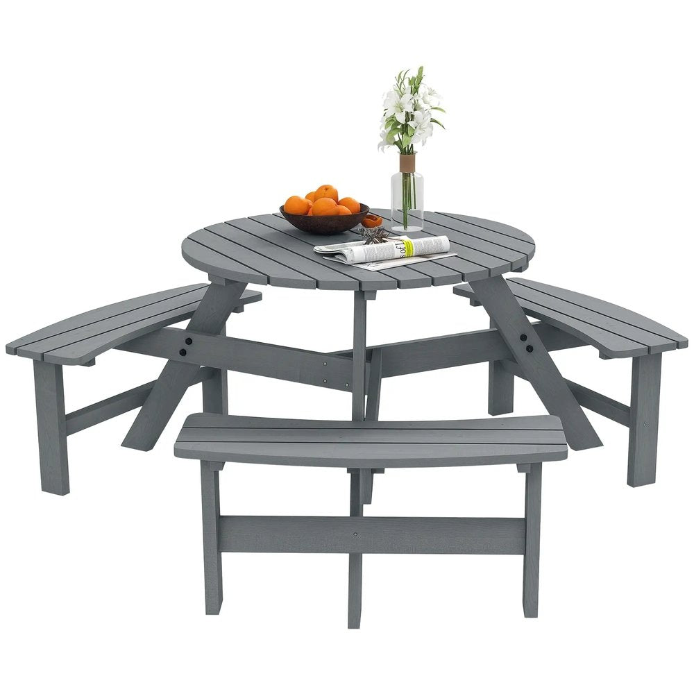 Outsunny Wooden Garden Dining Set, 6 Seater Round Dining Picnic Table with Matching Bench, Garden Furniture Set with Parasol Hole for Outdoor Patio Party and Family Gatherings, Grey 9
