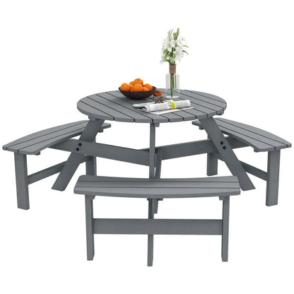 Outsunny Wooden Garden Dining Set, 6 Seater Round Dining Picnic Table with Matching Bench, Garden Furniture Set with Parasol Hole for Outdoor Patio Party and Family Gatherings, Grey 9