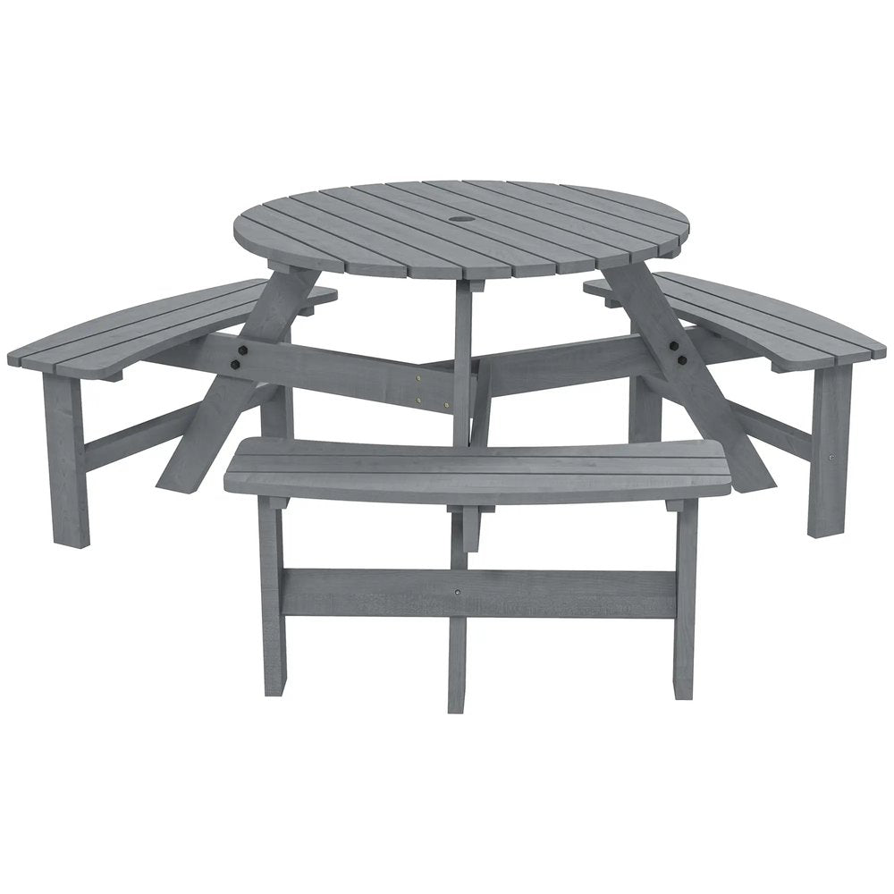 Outsunny Wooden Garden Dining Set, 6 Seater Round Dining Picnic Table with Matching Bench, Garden Furniture Set with Parasol Hole for Outdoor Patio Party and Family Gatherings, Grey 