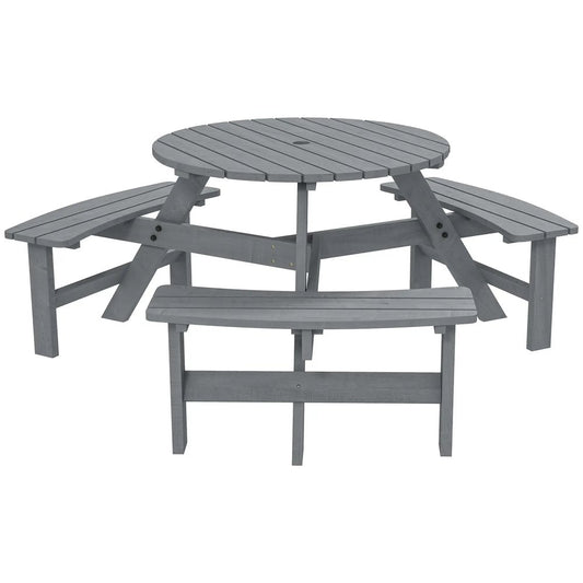 Outsunny Wooden Garden Dining Set, 6 Seater Round Dining Picnic Table with Matching Bench, Garden Furniture Set with Parasol Hole for Outdoor Patio Party and Family Gatherings, Grey 