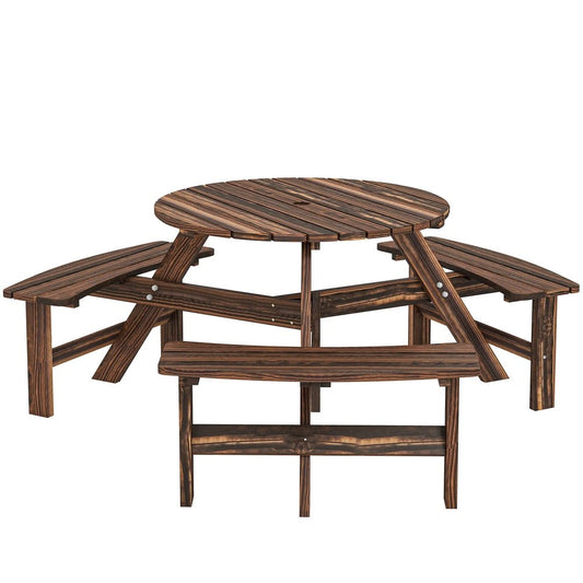 Outsunny Wooden Garden Dining Set, 6 Seater Round Dining Picnic Table with Matching Bench, Garden Furniture Set with Parasol Hole for Outdoor Patio Party and Family Gatherings 