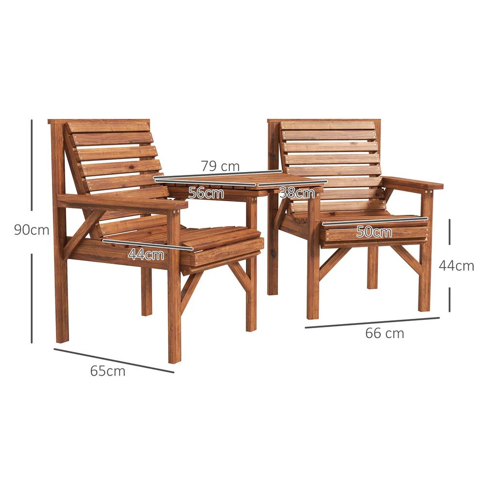 Outsunny Wooden Garden Love Seat w/ Coffee Table Umbrella Hole, Tan Brown 2
