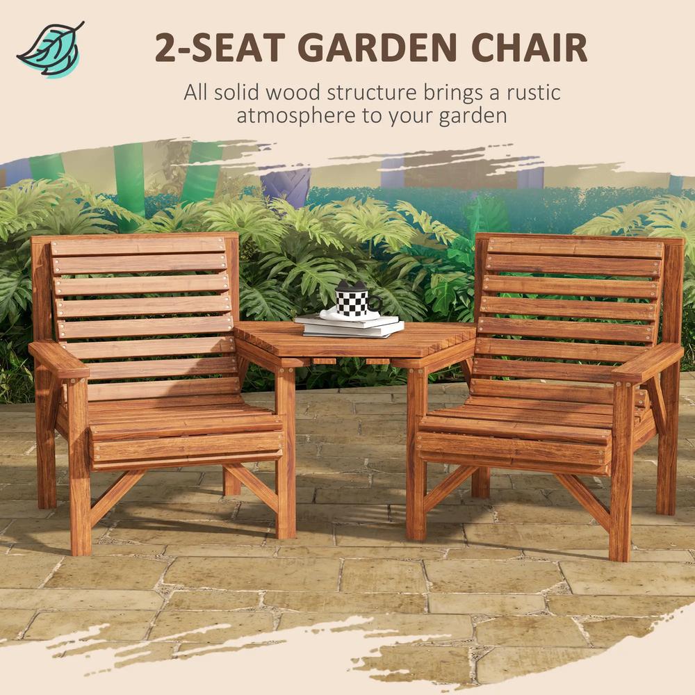 Outsunny Wooden Garden Love Seat w/ Coffee Table Umbrella Hole, Tan Brown 3