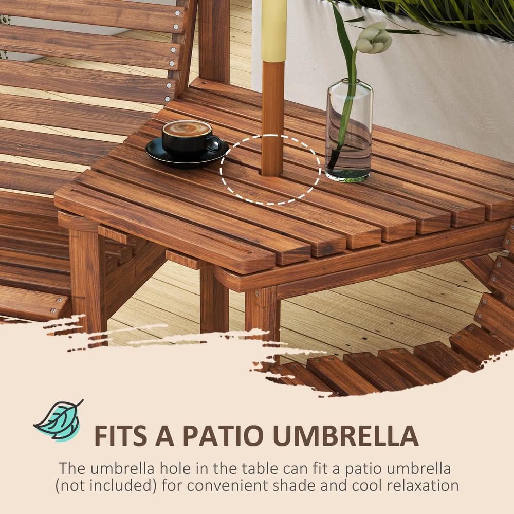 Outsunny Wooden Garden Love Seat w/ Coffee Table Umbrella Hole, Tan Brown 4