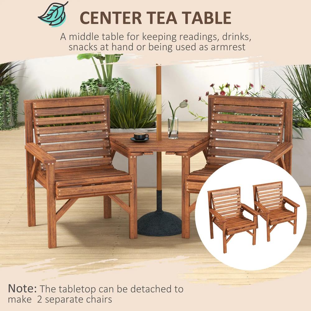 Outsunny Wooden Garden Love Seat w/ Coffee Table Umbrella Hole, Tan Brown 5