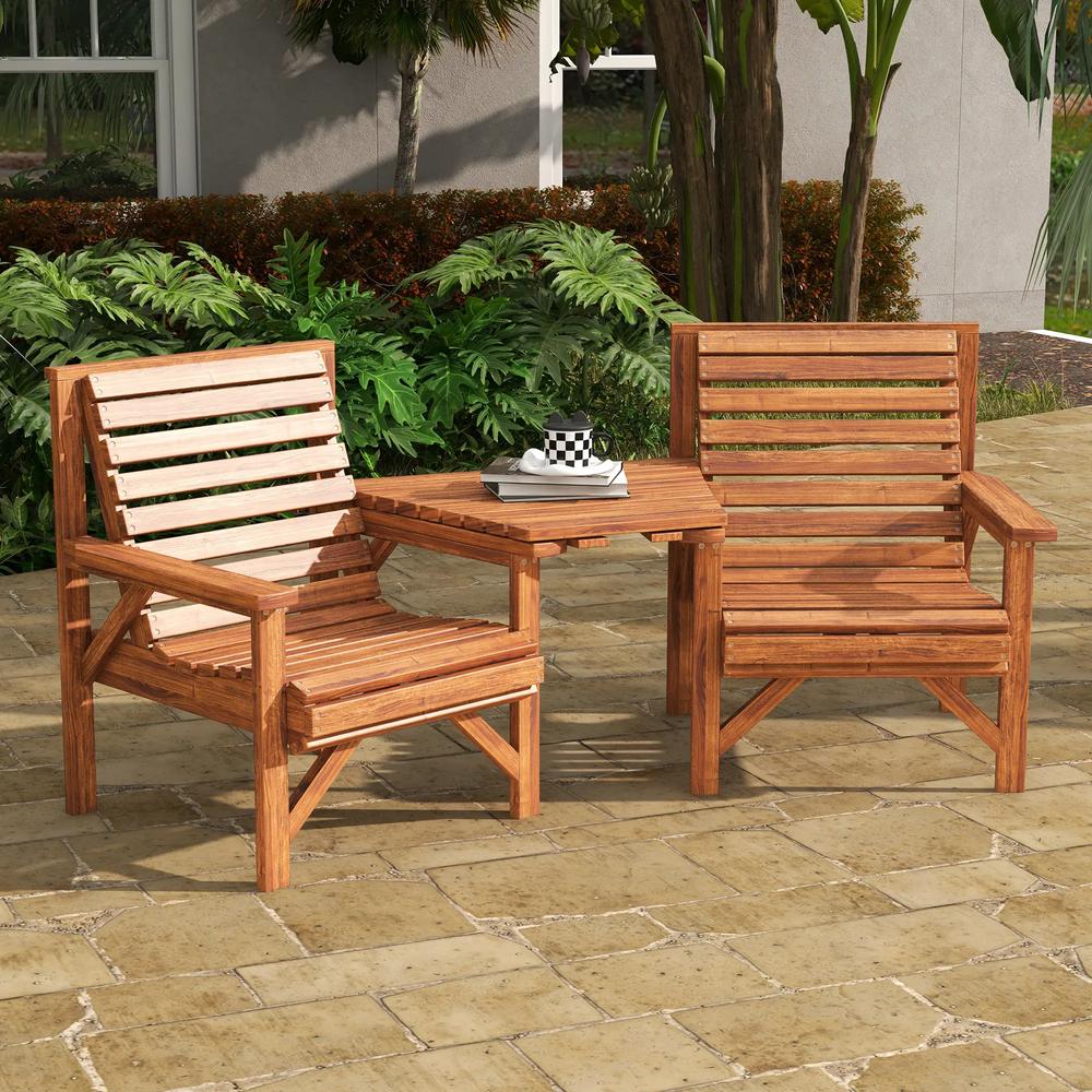 Outsunny Wooden Garden Love Seat w/ Coffee Table Umbrella Hole, Tan Brown 9