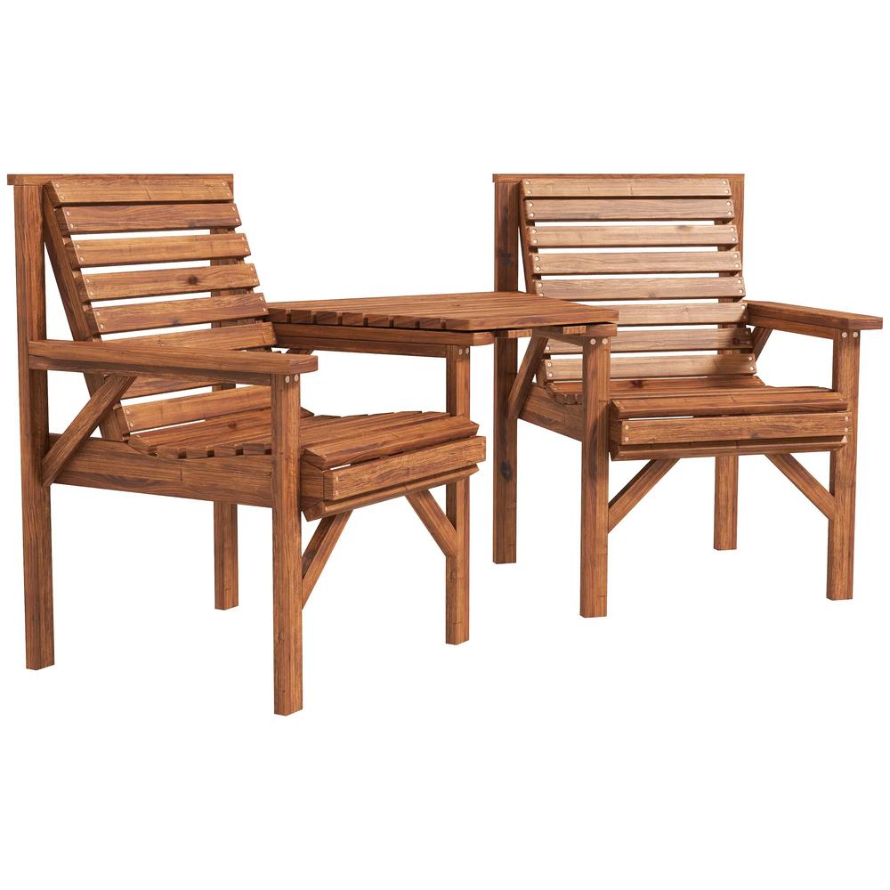 Outsunny Wooden Garden Love Seat w/ Coffee Table Umbrella Hole, Tan Brown 