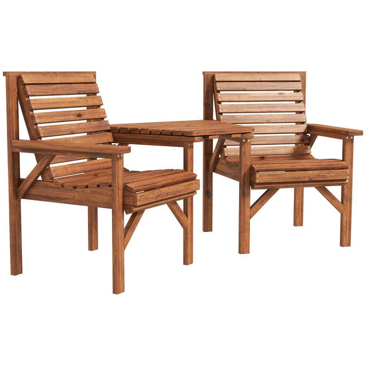 Outsunny Wooden Garden Love Seat w/ Coffee Table Umbrella Hole, Tan Brown 