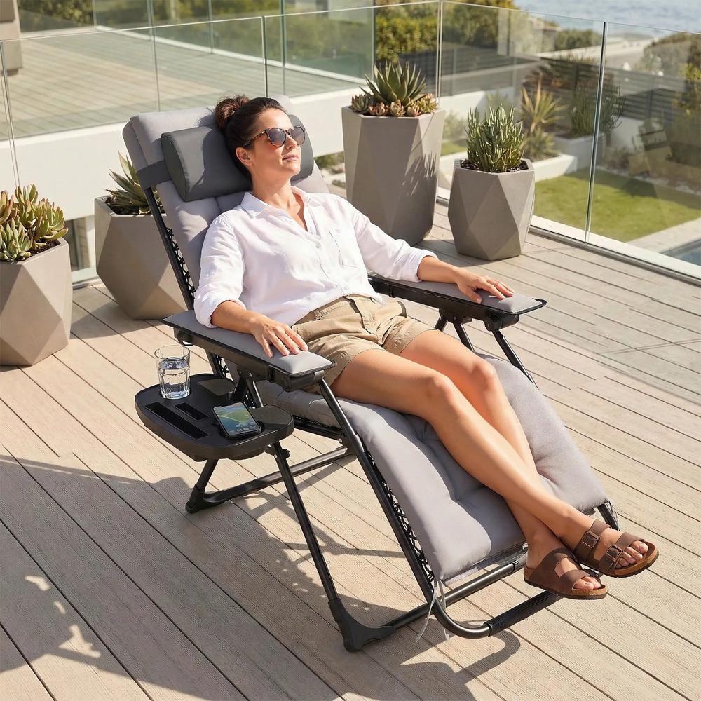 Outsunny Zero Gravity Chair, Folding Sun Lounger Reclining Garden Chair with Arm Pads, Cushion, Cup Holder, Headrest 12
