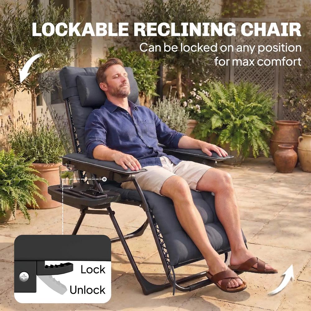 Outsunny Zero Gravity Chair, Folding Sun Lounger Reclining Garden Chair with Arm Pads, Cushion, Cup Holder, Headrest 4