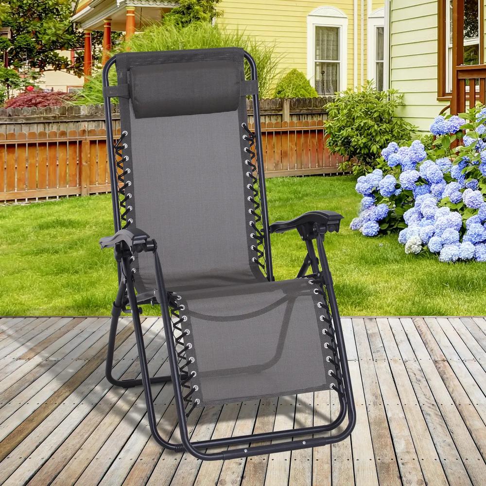 Outsunny Zero Gravity Chair Metal Frame Texteline Armchair Outdoor Folding and Reclining Sun Lounger with Head Pillow for Patio Decking Gardens Camping 1