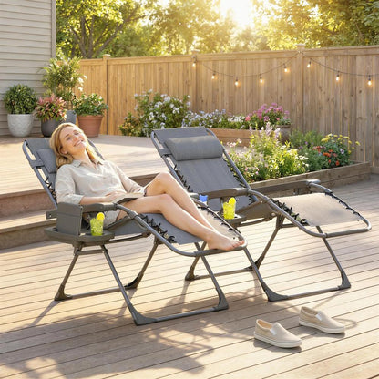 Outsunny Zero Gravity Chairs Set of 2, Folding Sunloungers Reclining Garden Chairs with Cup Holder, Headrest 1