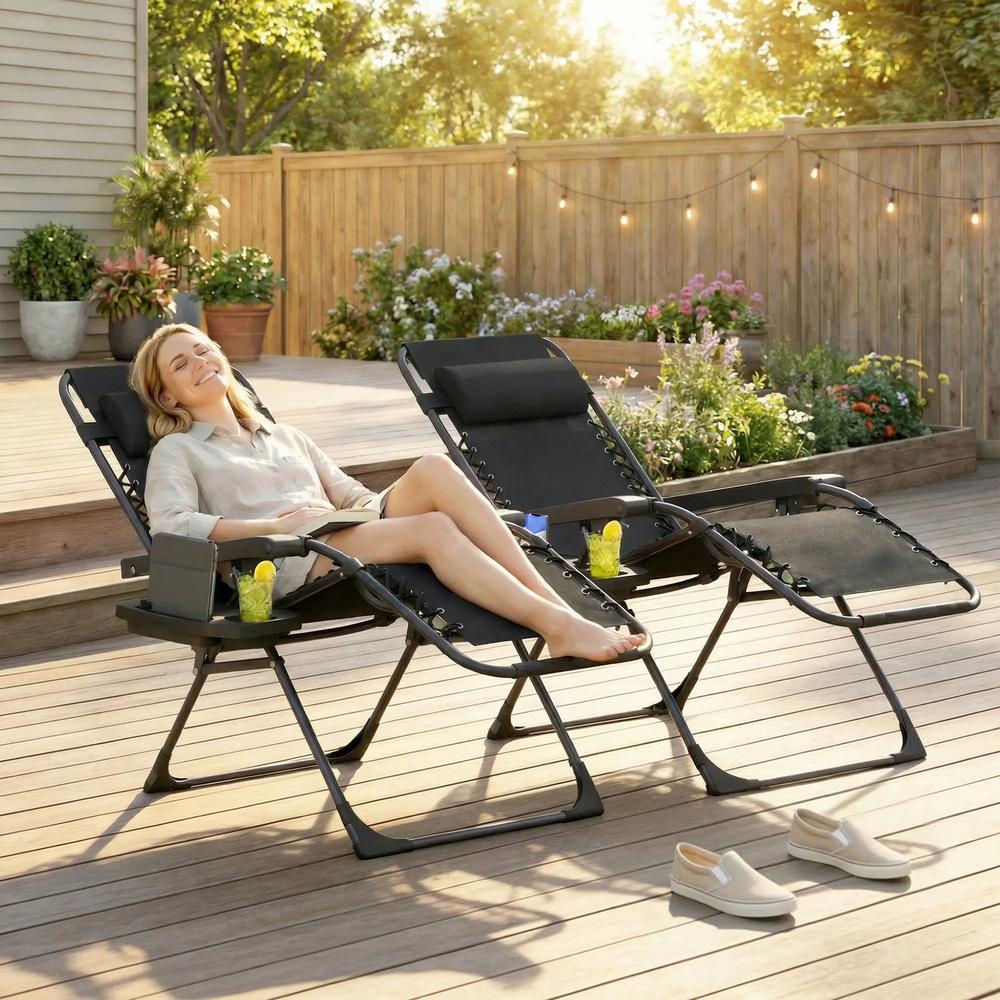 Outsunny Zero Gravity Chairs Set of 2, Folding Sunloungers Reclining Garden Chairs with Cup Holder, Headrest 12