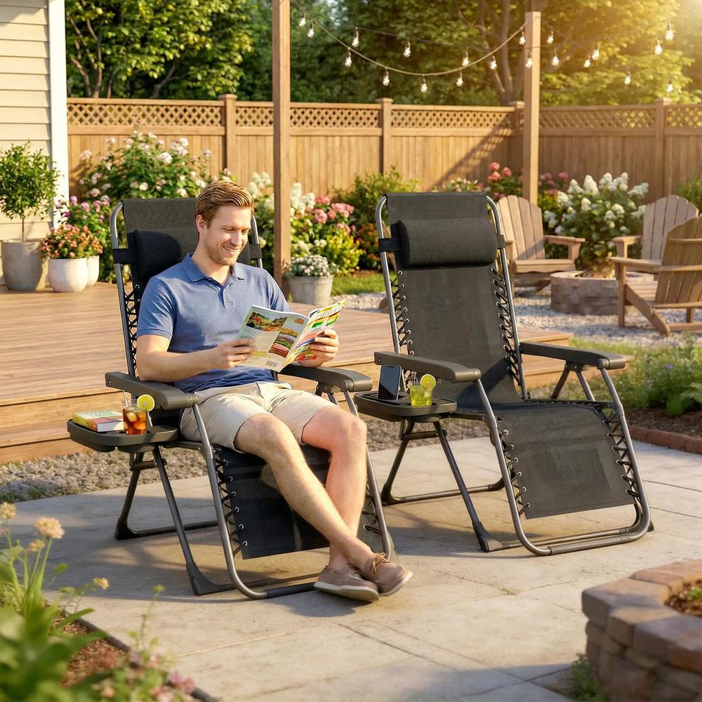 Outsunny Zero Gravity Chairs Set of 2, Folding Sunloungers Reclining Garden Chairs with Cup Holder, Headrest 20