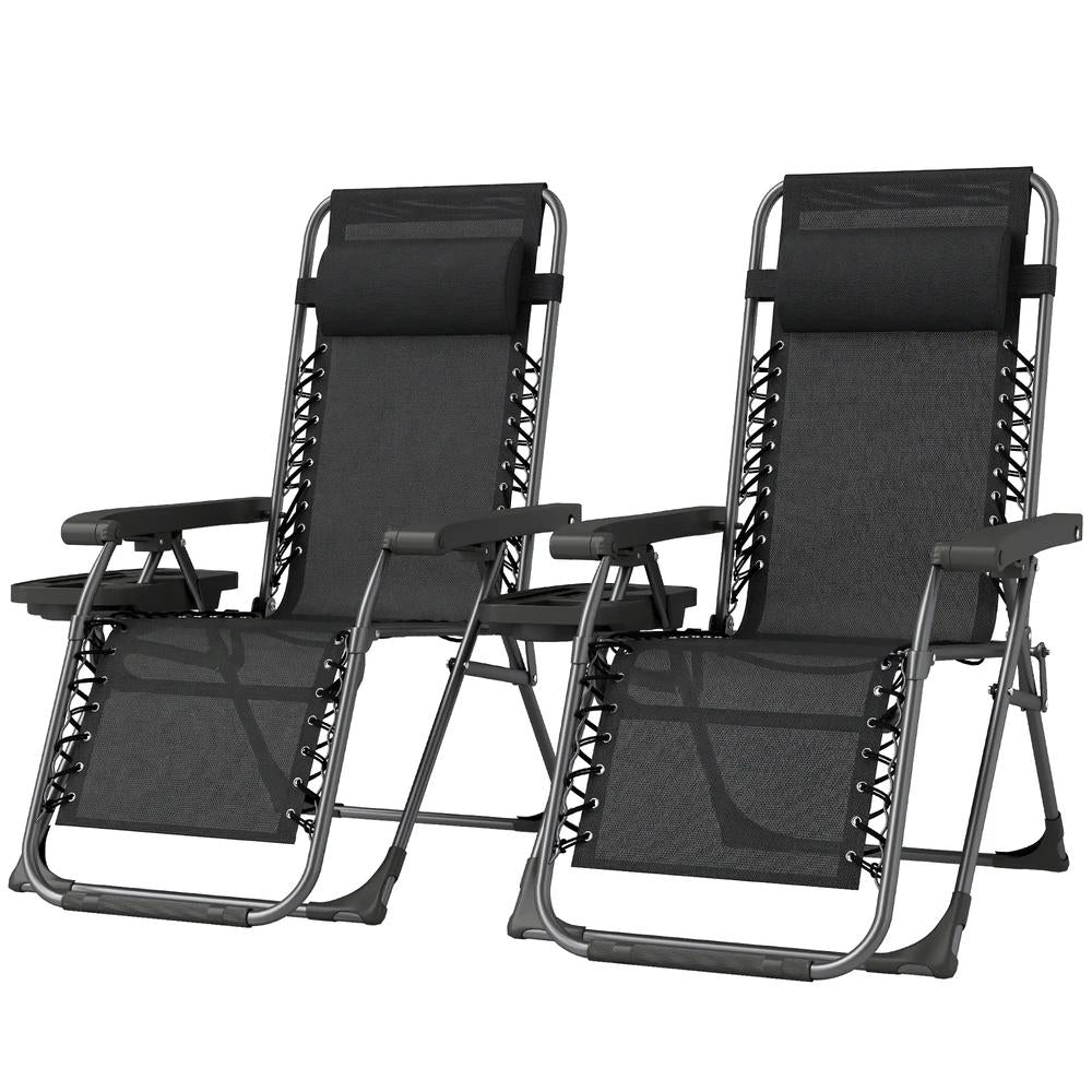 Outsunny Zero Gravity Chairs Set of 2, Folding Sunloungers Reclining Garden Chairs with Cup Holder, Headrest 21