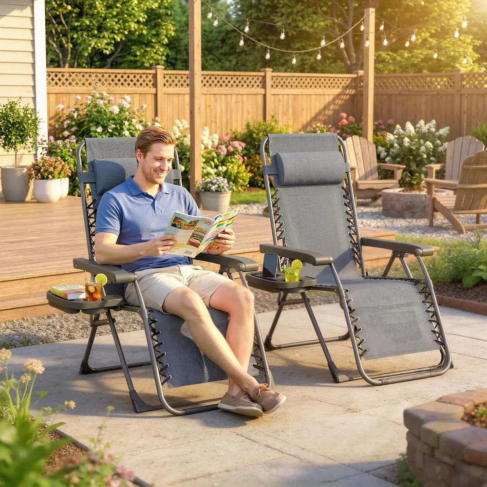 Outsunny Zero Gravity Chairs Set of 2, Folding Sunloungers Reclining Garden Chairs with Cup Holder, Headrest 9