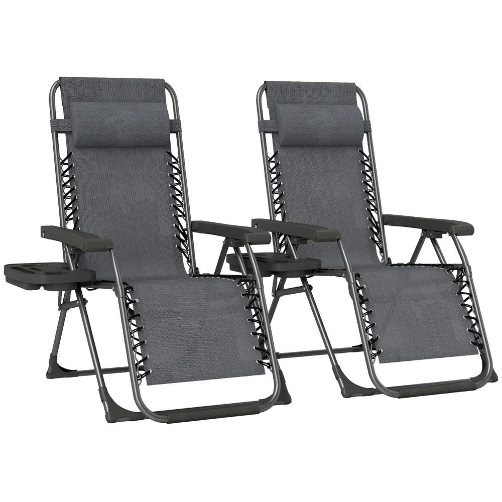 Outsunny Zero Gravity Chairs Set of 2, Folding Sunloungers Reclining Garden Chairs with Cup Holder, Headrest 