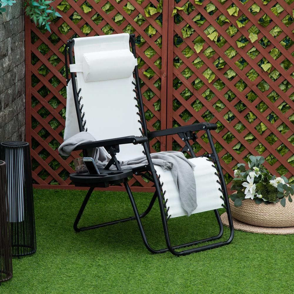 Outsunny Zero Gravity Garden Folding Patio Sun Lounger w/Cup Holder & Canopy Shade White 1