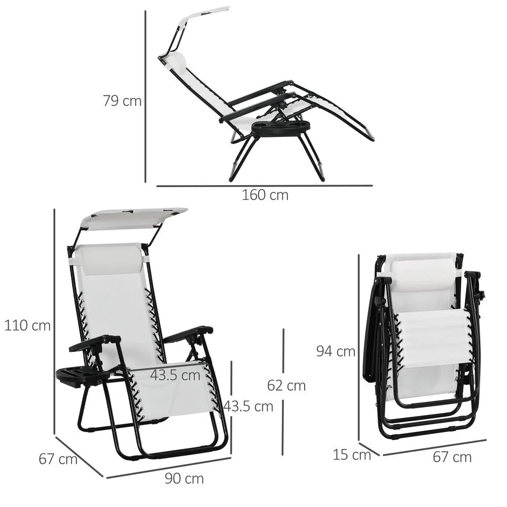 Outsunny Zero Gravity Garden Folding Patio Sun Lounger w/Cup Holder & Canopy Shade White 2