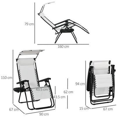 Outsunny Zero Gravity Garden Folding Patio Sun Lounger w/Cup Holder & Canopy Shade White 2