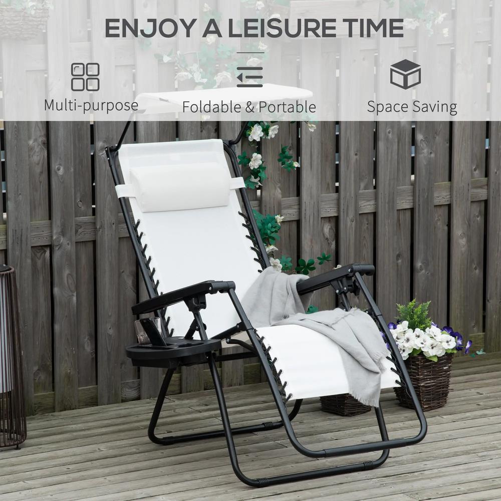 Outsunny Zero Gravity Garden Folding Patio Sun Lounger w/Cup Holder & Canopy Shade White 3