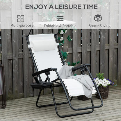 Outsunny Zero Gravity Garden Folding Patio Sun Lounger w/Cup Holder & Canopy Shade White 3