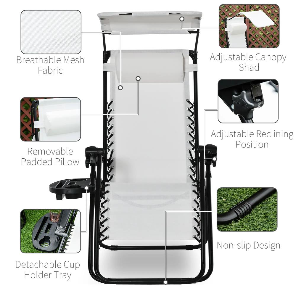 Outsunny Zero Gravity Garden Folding Patio Sun Lounger w/Cup Holder & Canopy Shade White 4
