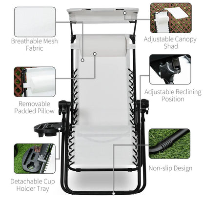 Outsunny Zero Gravity Garden Folding Patio Sun Lounger w/Cup Holder & Canopy Shade White 4