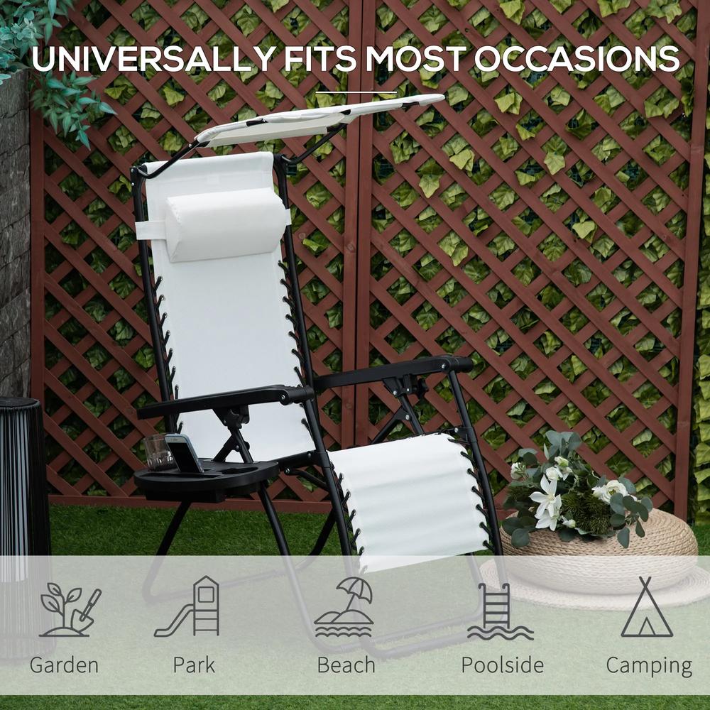 Outsunny Zero Gravity Garden Folding Patio Sun Lounger w/Cup Holder & Canopy Shade White 6