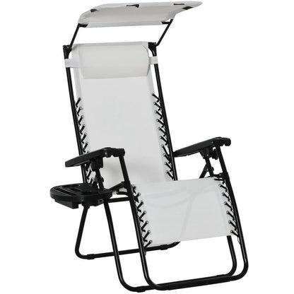 Outsunny Zero Gravity Garden Folding Patio Sun Lounger w/Cup Holder & Canopy Shade White 