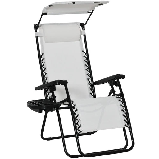 Outsunny Zero Gravity Garden Folding Patio Sun Lounger w/Cup Holder & Canopy Shade White 