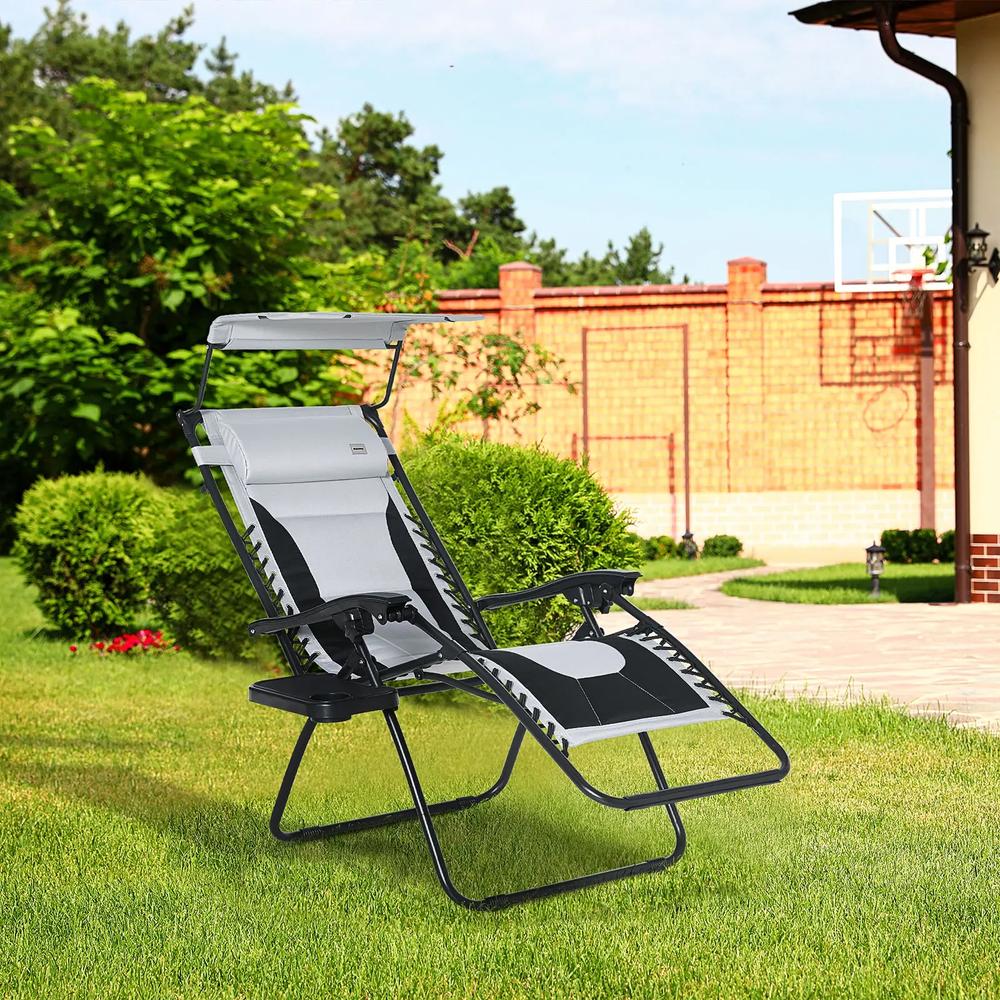 Outsunny Zero Gravity Lounger Chair, Folding Reclining Patio Chair with Shade Cover, Padded Seat, Cup Holder, Soft Cushion and Headrest for Poolside, Camping 26