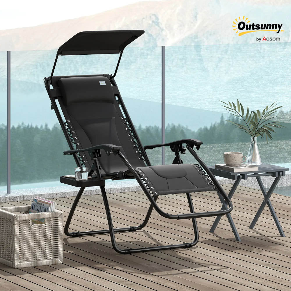 Outsunny Zero Gravity Lounger Chair, Folding Reclining Patio Chair with Shade Cover, Padded Seat, Cup Holder, Soft Cushion and Headrest for Poolside, Camping 89cm x 65cm x 113cm 1