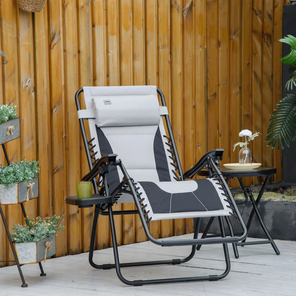 Outsunny Zero Gravity Lounger Chair, Folding Reclining Patio Chair with Padded Seat, Cup Holder, Soft Cushion and Headrest for Poolside, Camping, Light Grey 1